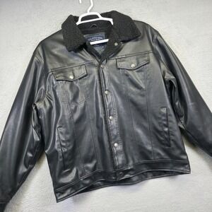US Polo Assn Jacket Mens XL Black Faux Leather Sherpa Lined‎ Moto Biker Grunge